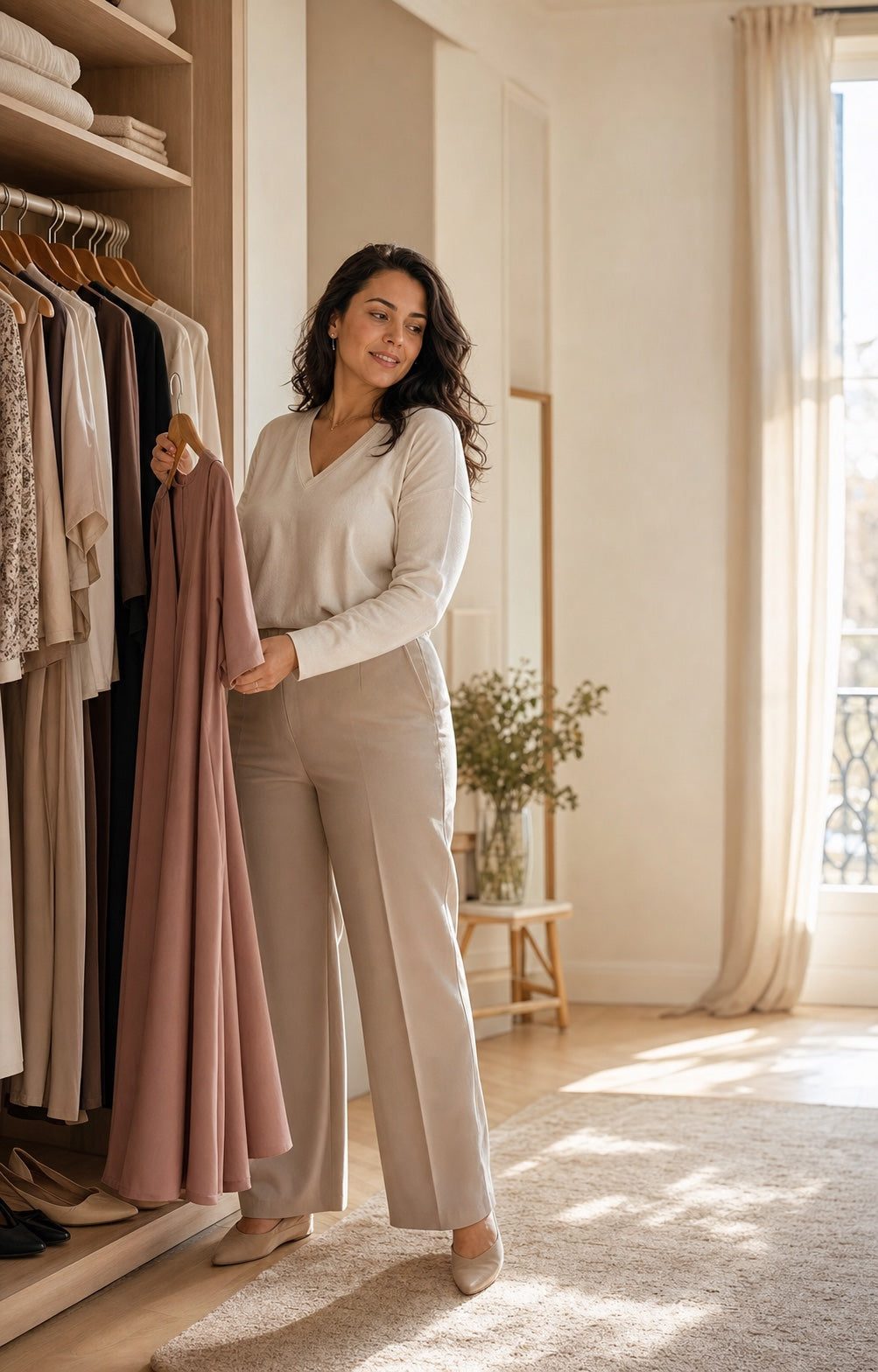 A woman freely choosing her outfit from her wardrobe